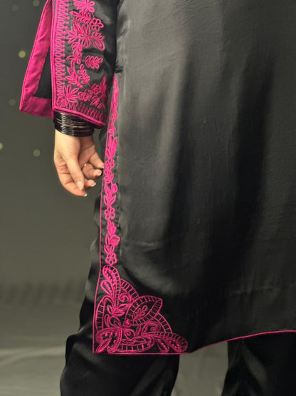 Elegant Black &amp; Magenta Silk 3-Piece Formal Suit with Machine Embroidery