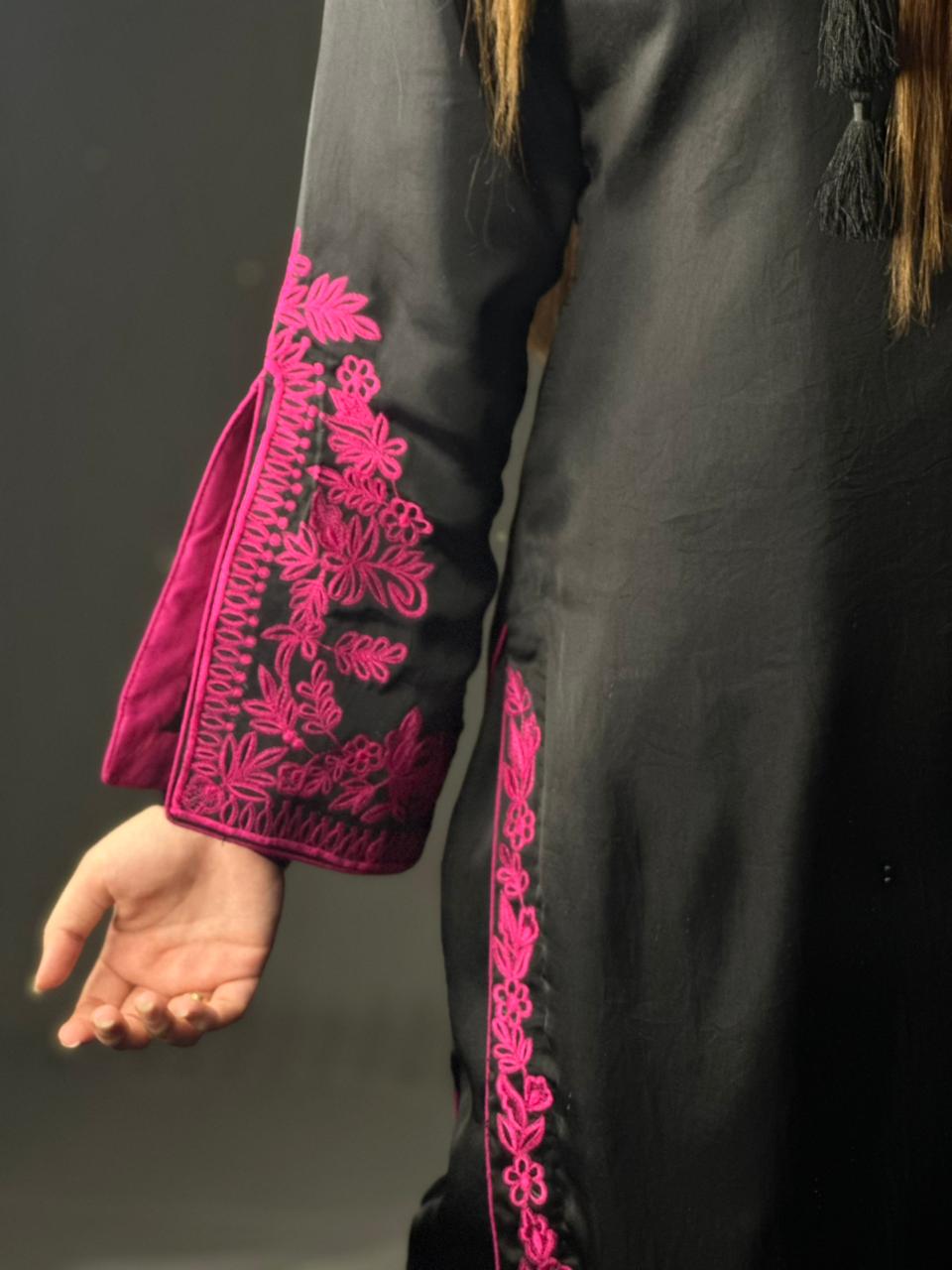 Elegant Black &amp; Magenta Silk 3-Piece Formal Suit with Machine Embroidery