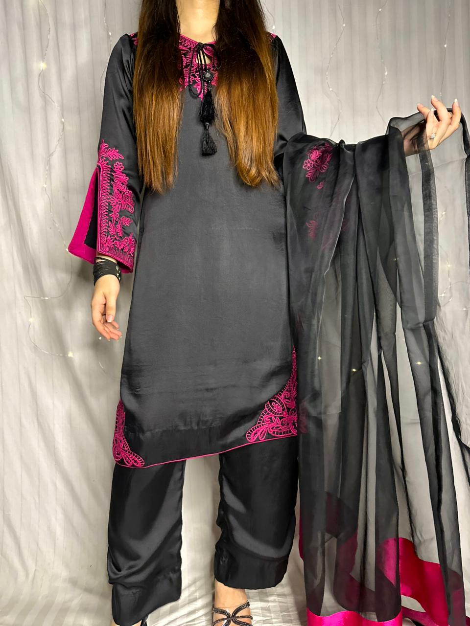 Elegant Black &amp; Magenta Silk 3-Piece Formal Suit with Machine Embroidery