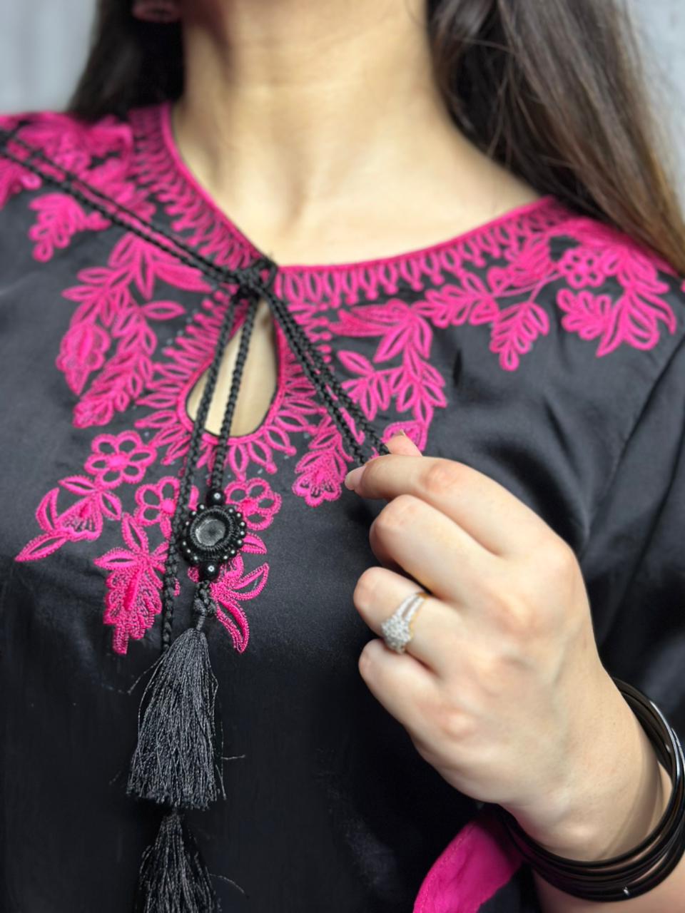 Elegant Black & Magenta Silk 3-Piece Formal Suit with Machine Embroidery