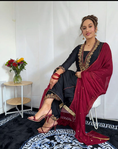 Black &amp; Maroon Embroidered Silk 3-Piece Formal Wear