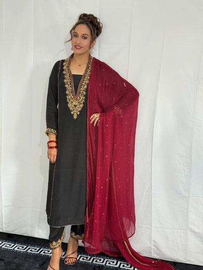 Black &amp; Maroon Embroidered Silk 3-Piece Formal Wear