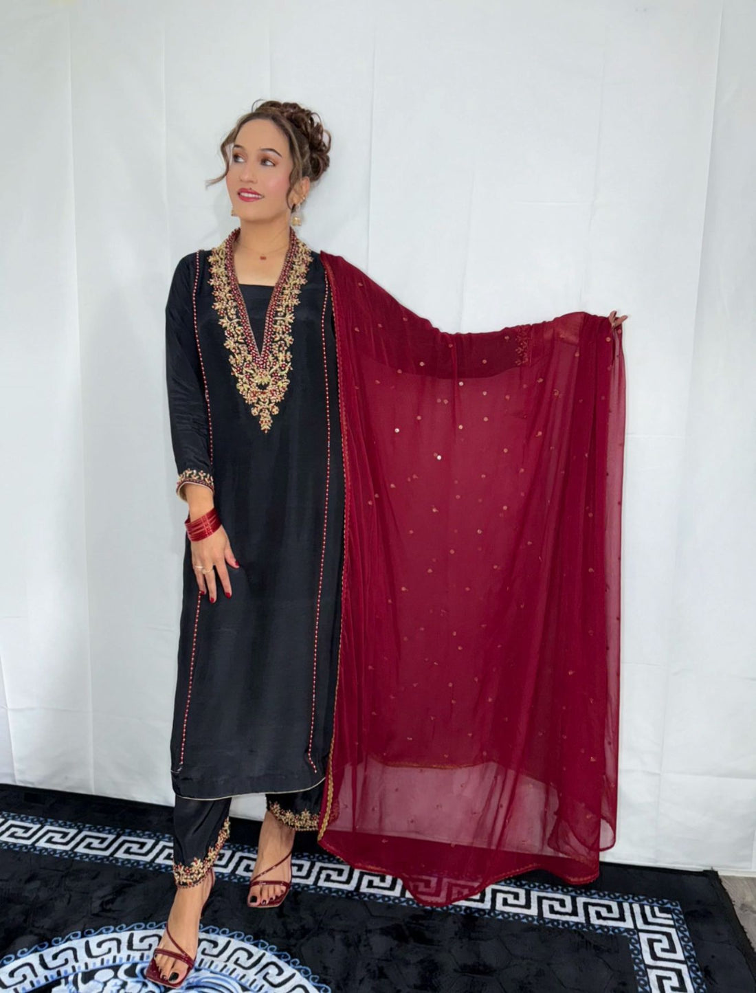 Black & Maroon Embroidered Silk 3-Piece Formal Wear
