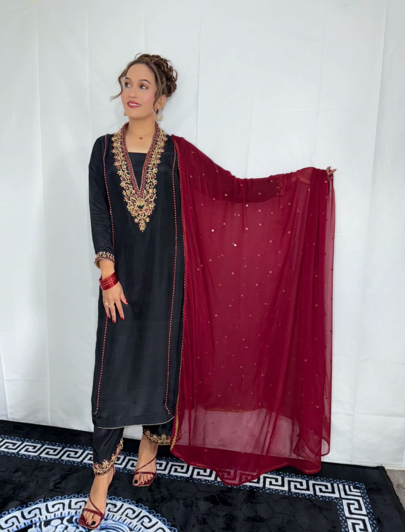 Black &amp; Maroon Embroidered Silk 3-Piece Formal Wear