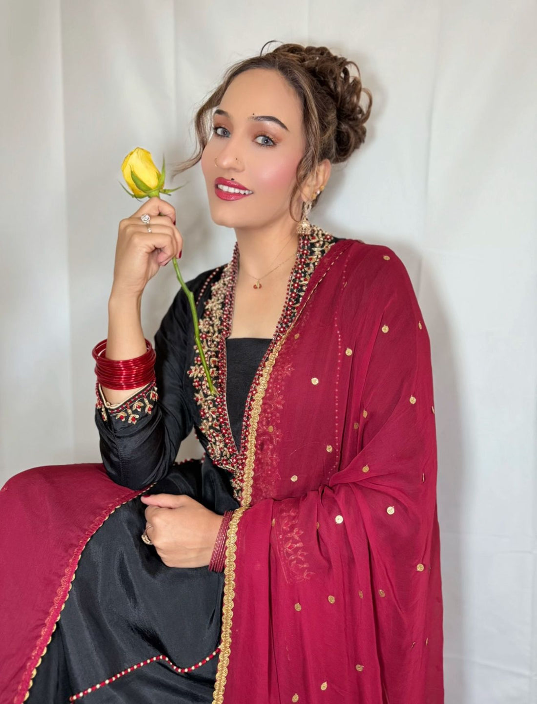 Black & Maroon Embroidered Silk 3-Piece Formal Wear