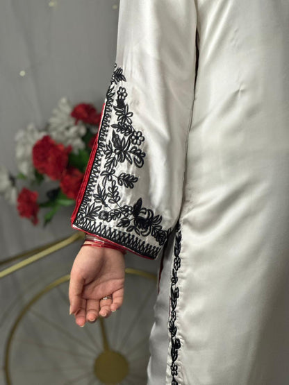 Elegant White Silk 3-Piece Suit with Black Embroidery &amp; Red Dupatta