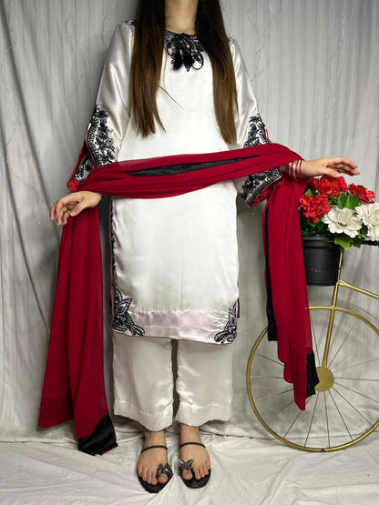 Elegant White Silk 3-Piece Suit with Black Embroidery &amp; Red Dupatta