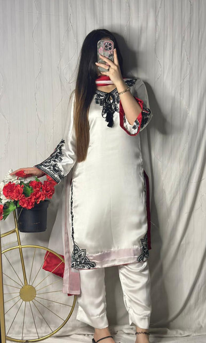 Elegant White Silk 3-Piece Suit with Black Embroidery &amp; Red Dupatta