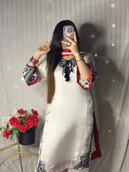 Elegant White Silk 3-Piece Suit with Black Embroidery &amp; Red Dupatta