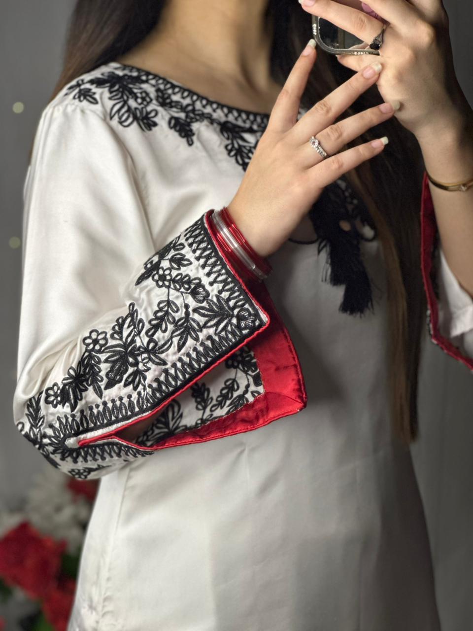 Elegant White Silk 3-Piece Suit with Black Embroidery &amp; Red Dupatta