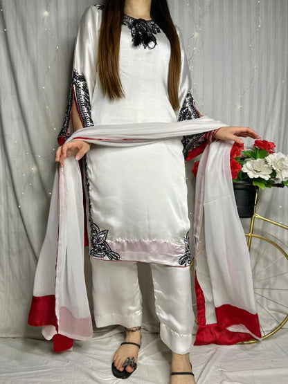 Elegant White Silk 3-Piece Suit with Black Embroidery &amp; Red Dupatta