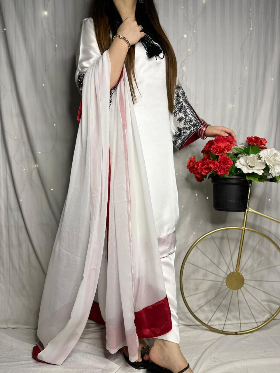 Elegant White Silk 3-Piece Suit with Black Embroidery &amp; Red Dupatta