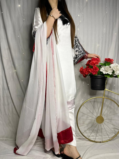 Elegant White Silk 3-Piece Suit with Black Embroidery &amp; Red Dupatta