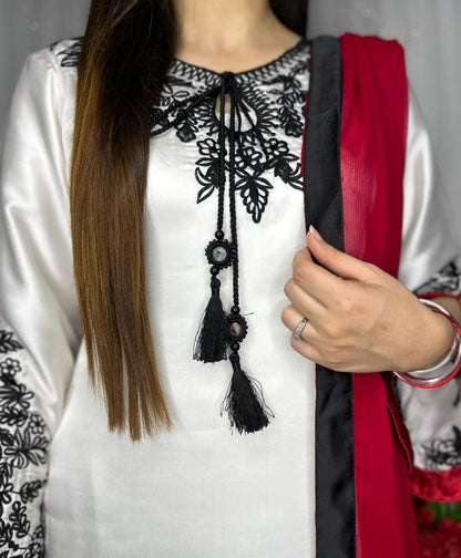 Elegant White Silk 3-Piece Suit with Black Embroidery &amp; Red Dupatta