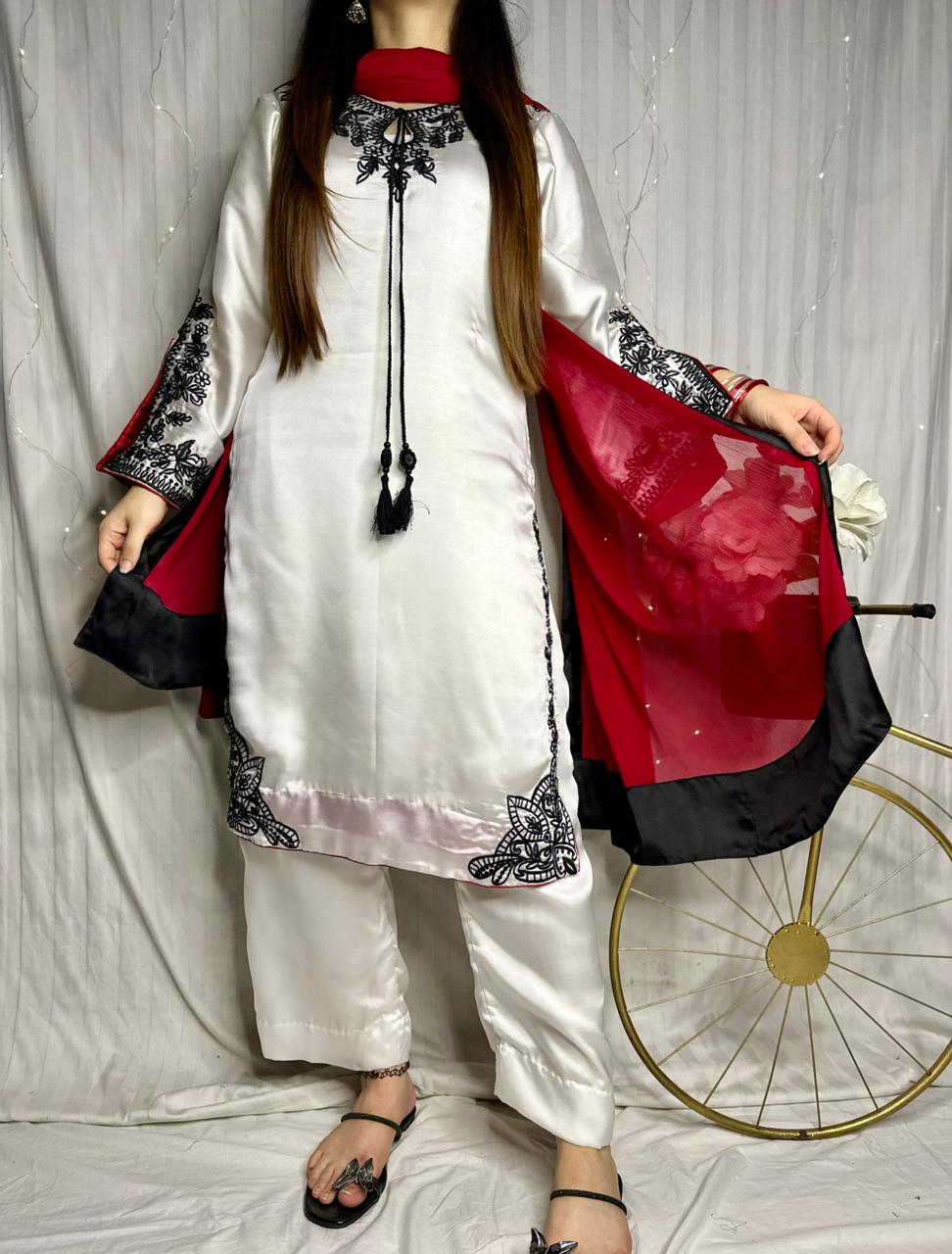 Elegant White Silk 3-Piece Suit with Black Embroidery &amp; Red Dupatta