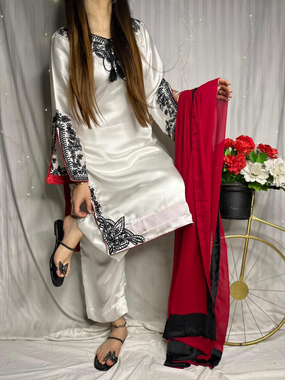 Elegant White Silk 3-Piece Suit with Black Embroidery &amp; Red Dupatta