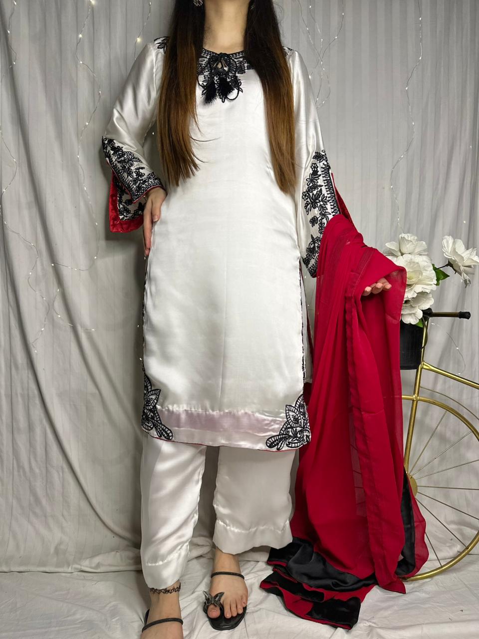Elegant White Silk 3-Piece Suit with Black Embroidery &amp; Red Dupatta