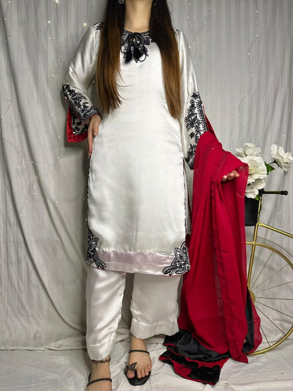 Elegant White Silk 3-Piece Suit with Black Embroidery &amp; Red Dupatta