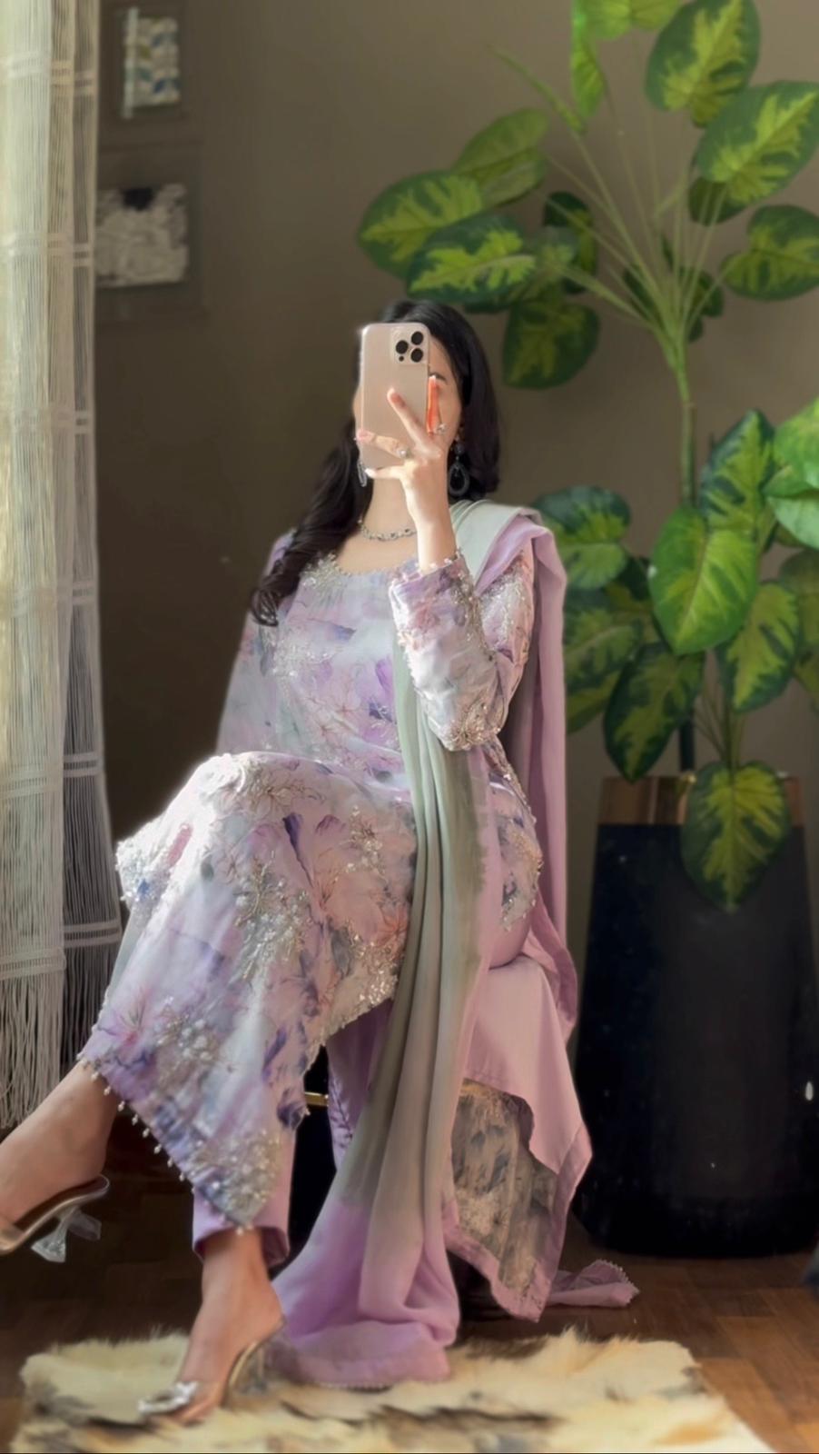 Shisha Silk Embroidered &amp; Sequin Work 3-Piece Suit – Pastel Lilac