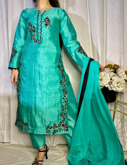 Teal Blue Embroidered Raw Silk 3-Piece Suit