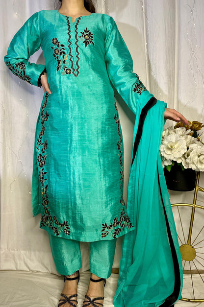 Teal Blue Embroidered Raw Silk 3-Piece Suit