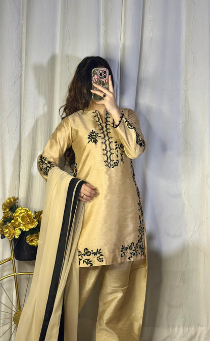 Golden Embroidered Raw Silk Suit with Farshi Shalwar
