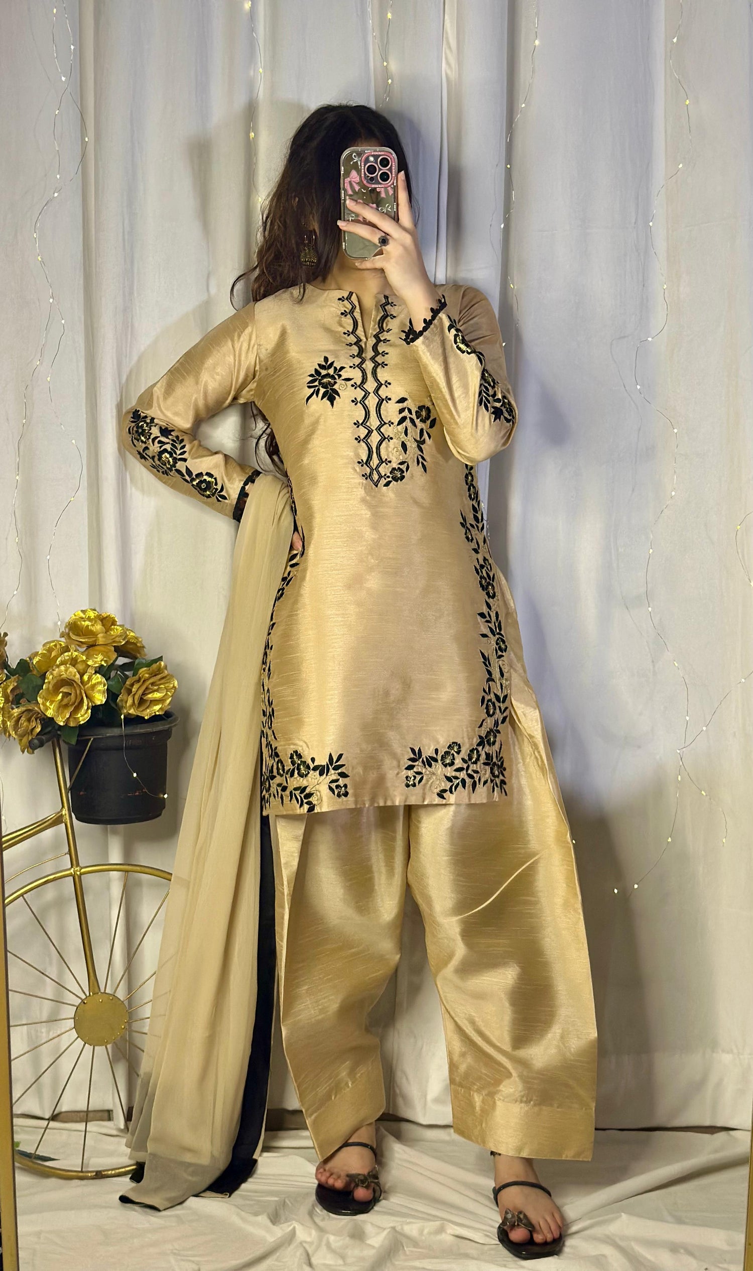 Golden Embroidered Raw Silk Suit with Farshi Shalwar