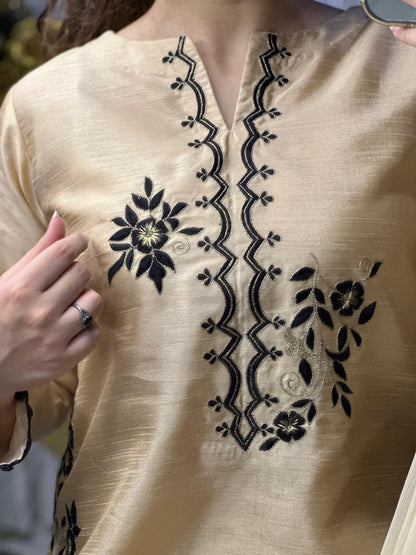 Golden Embroidered Raw Silk Suit with Farshi Shalwar