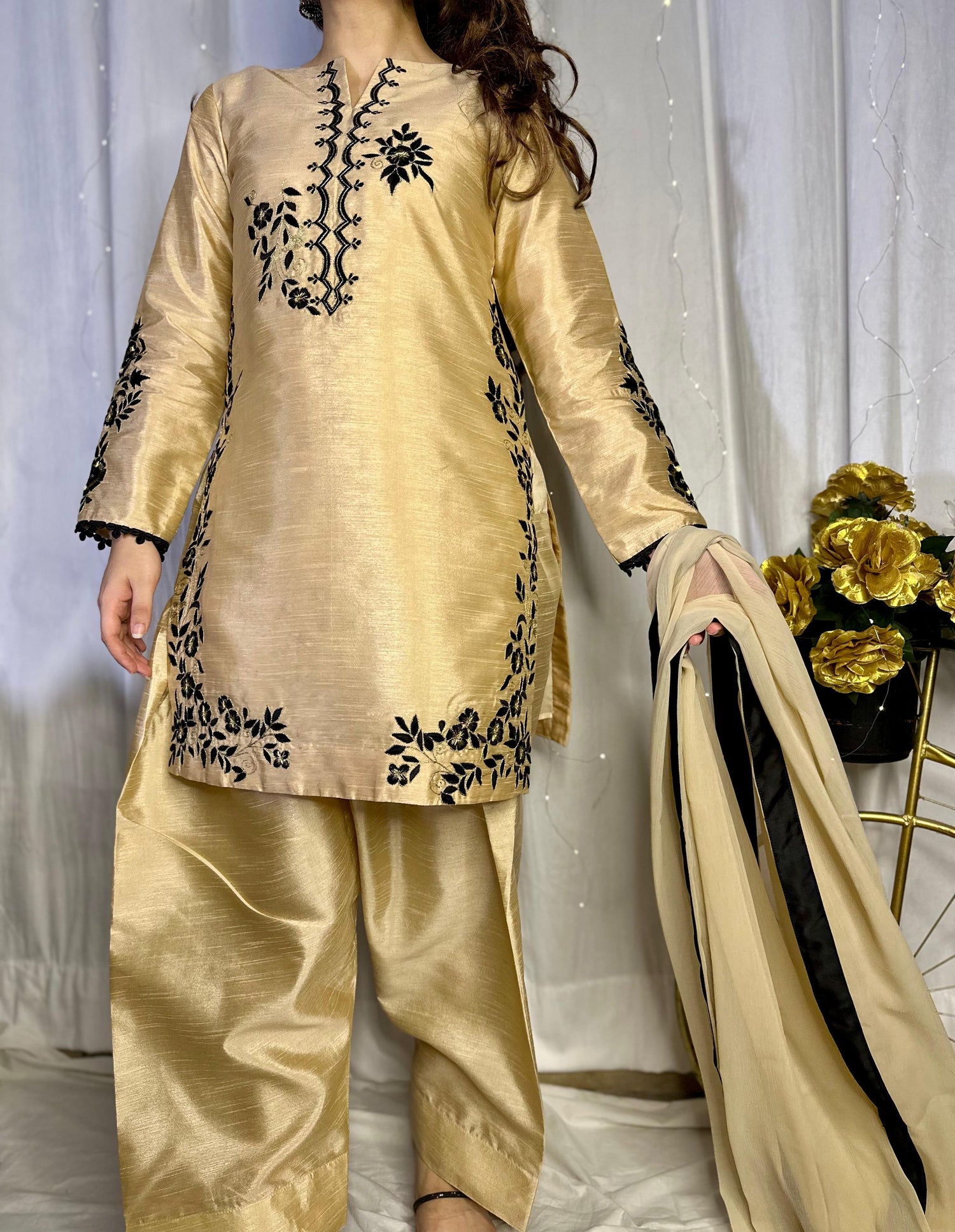 Golden Embroidered Raw Silk Suit with Farshi Shalwar