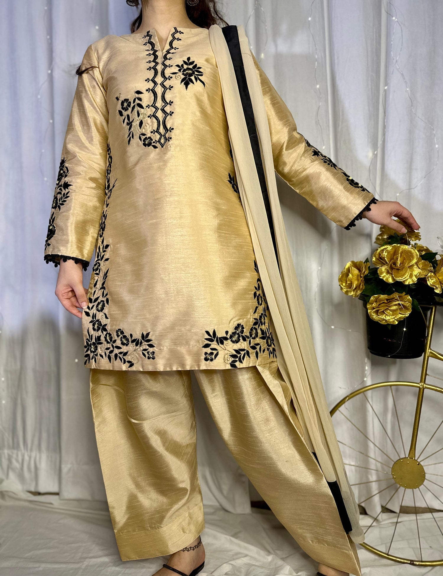Golden Embroidered Raw Silk Suit with Farshi Shalwar