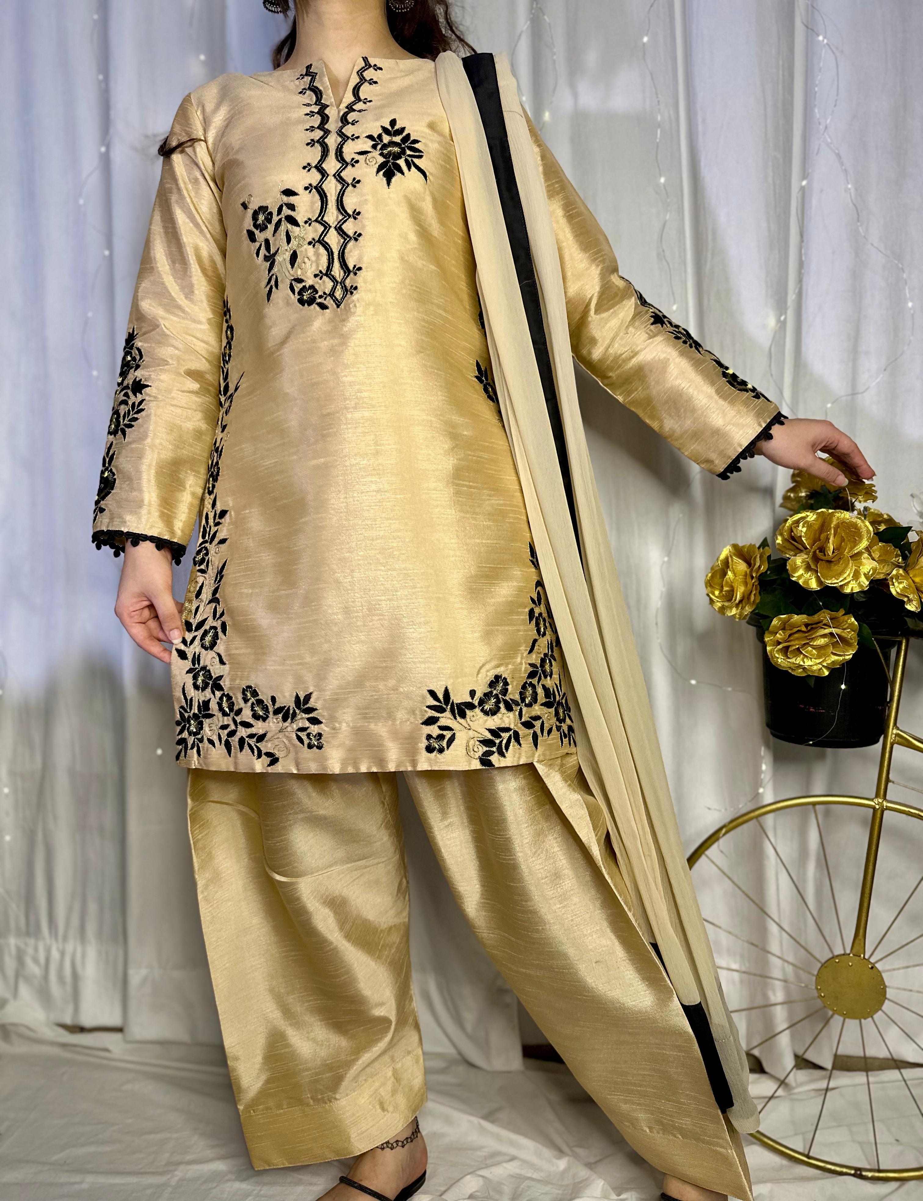 Golden Embroidered Raw Silk Suit with Farshi Shalwar