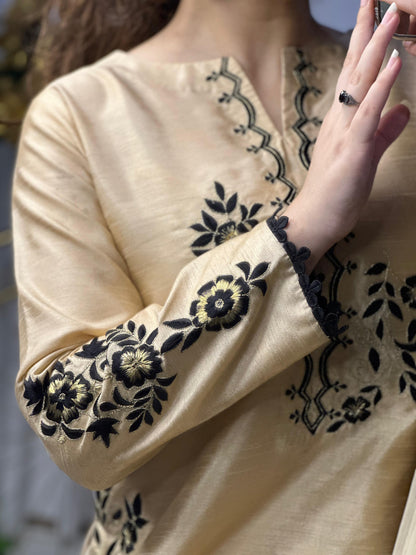 Golden Embroidered Raw Silk Suit with Farshi Shalwar