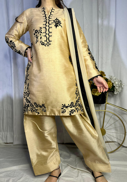 Golden Embroidered Raw Silk Suit with Farshi Shalwar