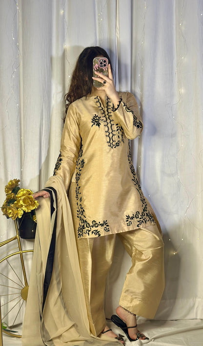 Golden Embroidered Raw Silk Suit with Farshi Shalwar