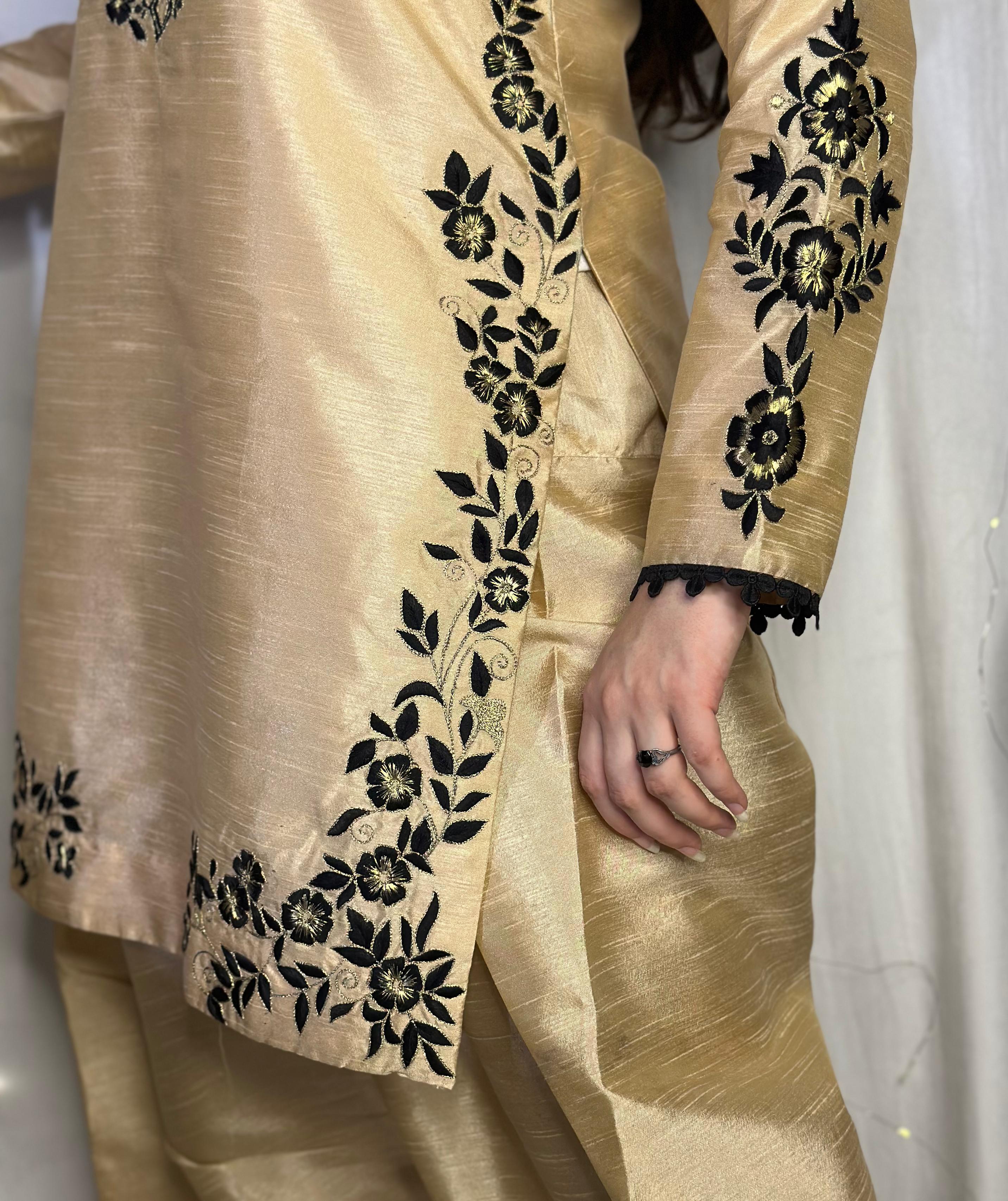 Golden Embroidered Raw Silk Suit with Farshi Shalwar