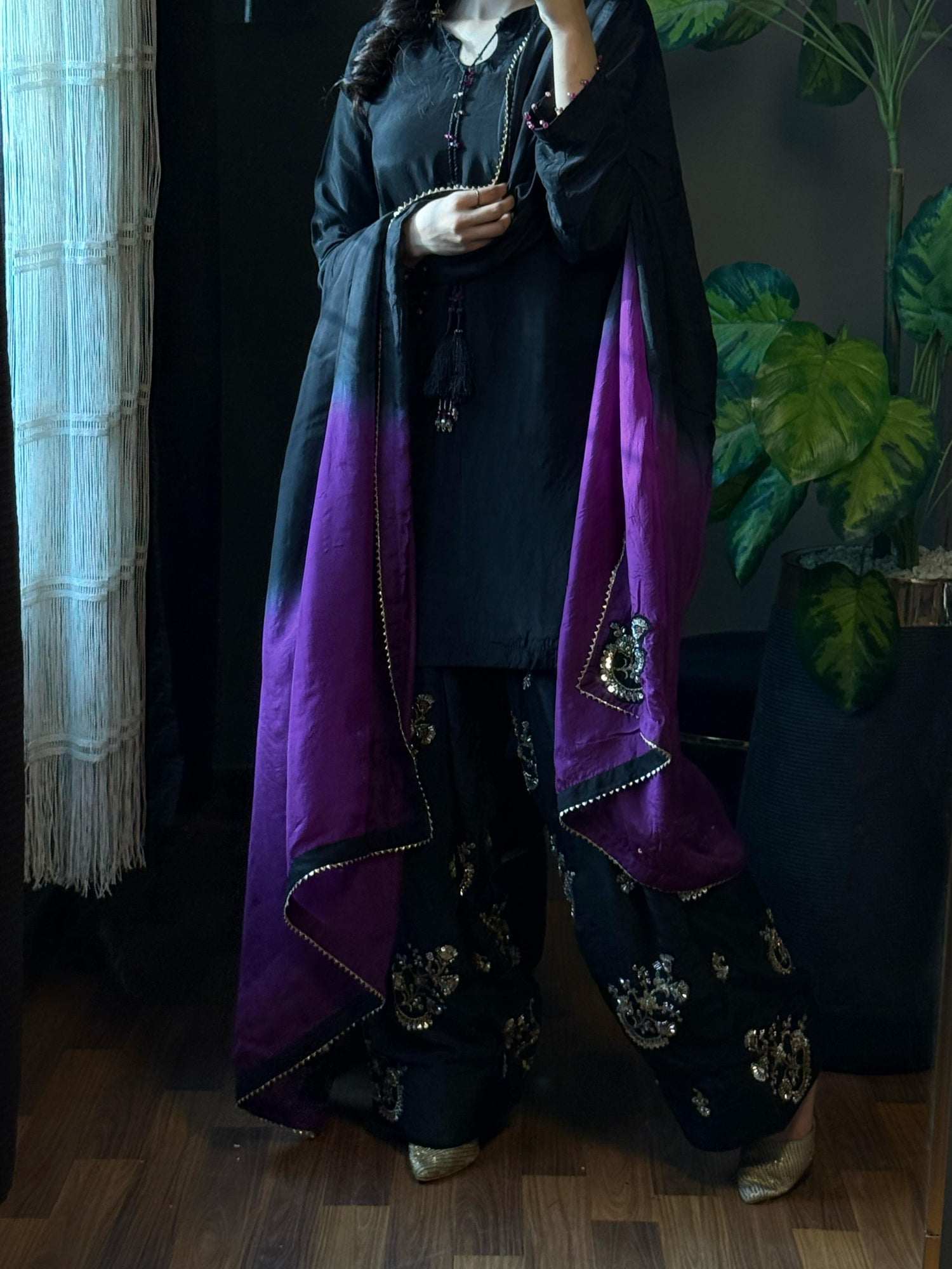 Black &amp; Purple Embroidered Raw Silk Farshi Suit