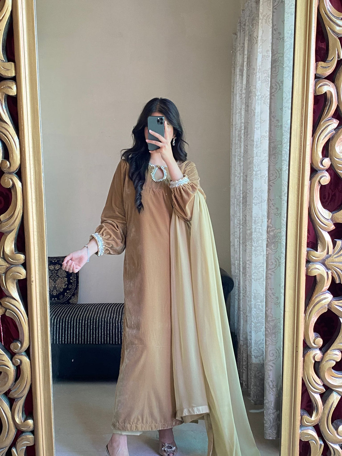 Luxurious Camel Brown Velvet Embroidered 3-Piece Suit