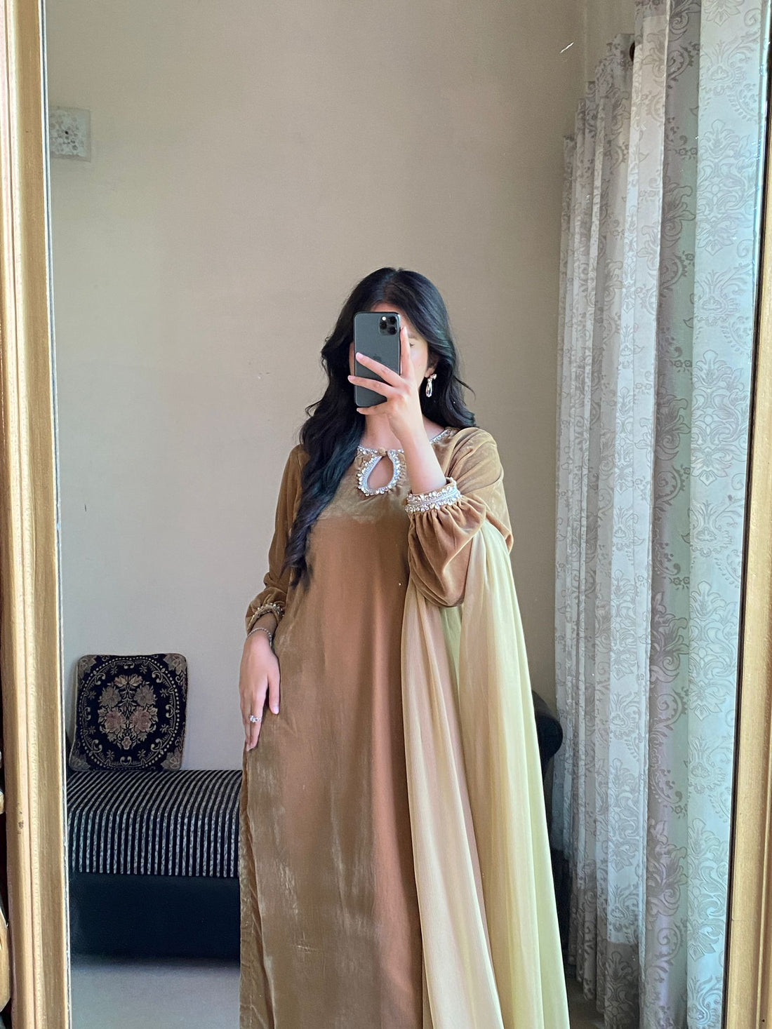 Luxurious Camel Brown Velvet Embroidered 3-Piece Suit