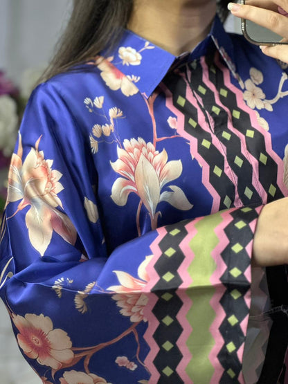 Vibrant Royal Blue Floral Print Silk 3-Piece Cord Set