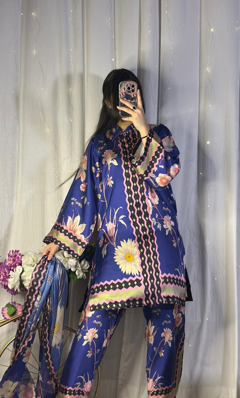 Vibrant Royal Blue Floral Print Silk 3-Piece Cord Set