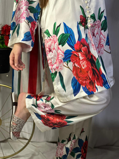 Elegant White Silk 3-Piece Cord Set with Bold Floral Print