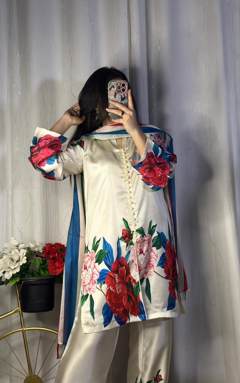 Elegant White Silk 3-Piece Cord Set with Bold Floral Print