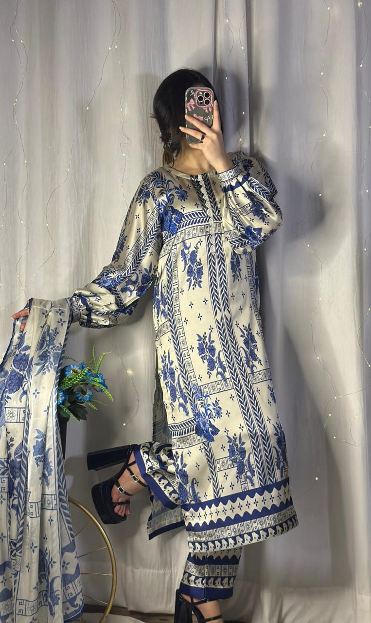 Chic Blue &amp; White Geometric Print Silk 3-Piece Cord Set
