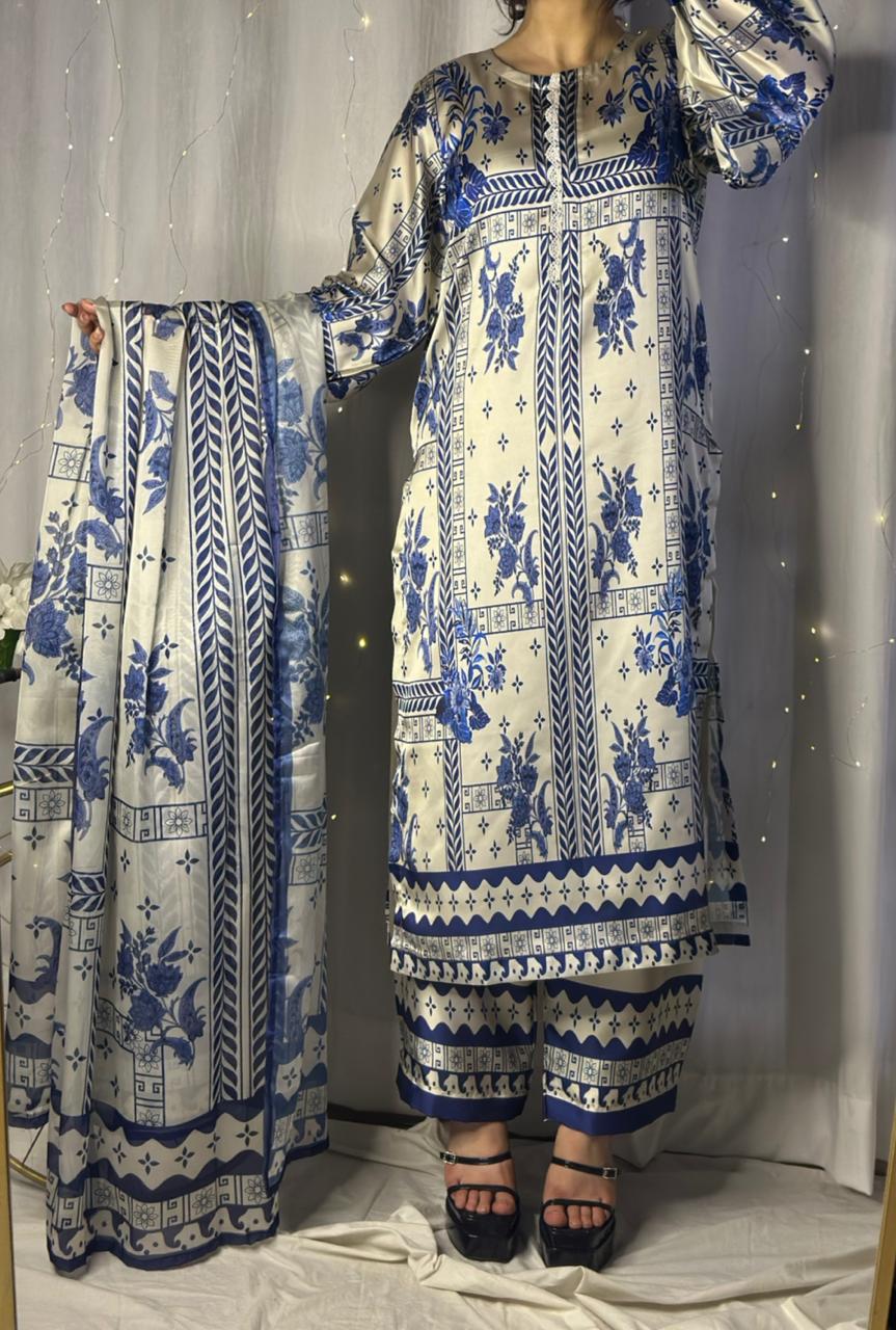 Chic Blue &amp; White Geometric Print Silk 3-Piece Cord Set