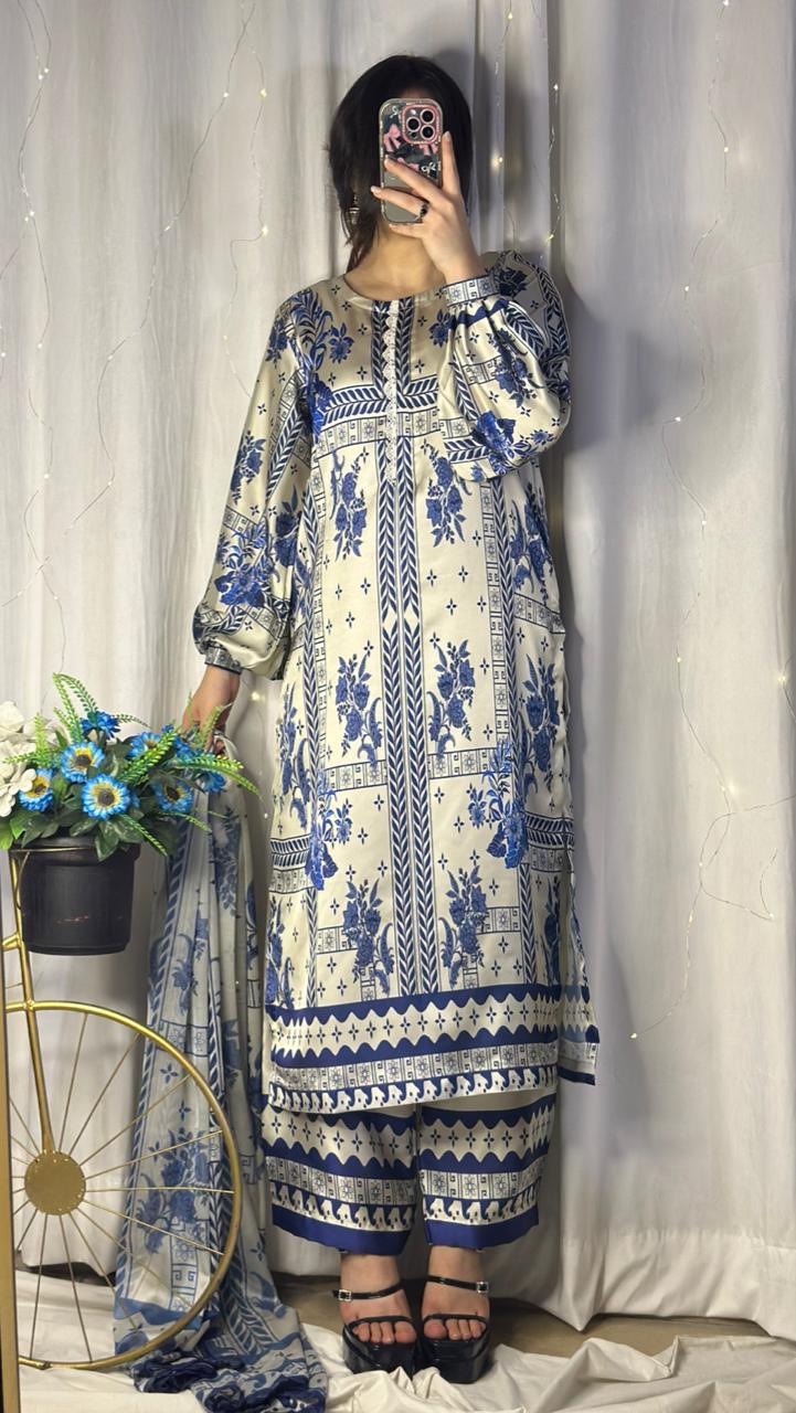 Chic Blue &amp; White Geometric Print Silk 3-Piece Cord Set