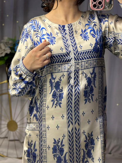 Chic Blue &amp; White Geometric Print Silk 3-Piece Cord Set