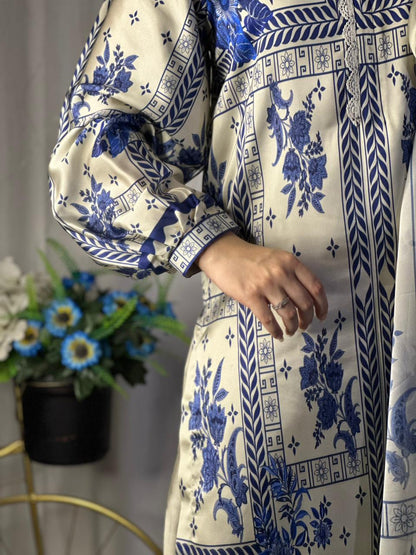 Chic Blue &amp; White Geometric Print Silk 3-Piece Cord Set