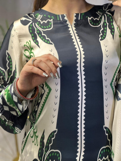 Monochrome Tropical Print Silk 3-Piece Cord Set with Green Accents