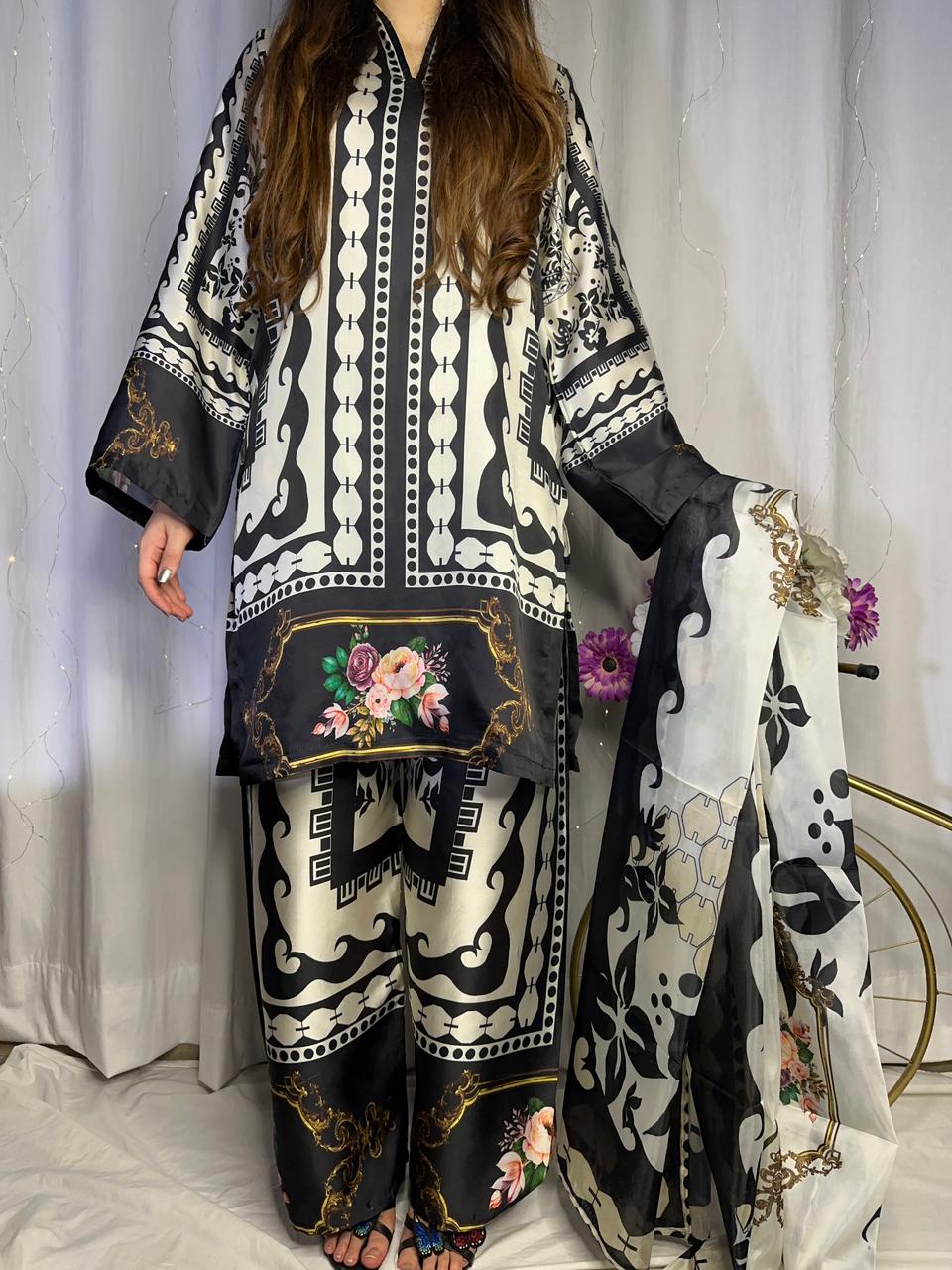 Chic Black &amp; White Digital Print Silk 3-Piece Cord Set