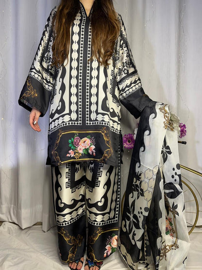 Chic Black &amp; White Digital Print Silk 3-Piece Cord Set